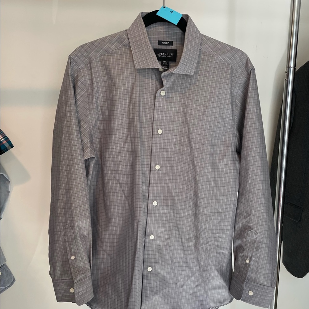 Kenneth Cole Long Sleeve Dress Shirt - Gray, White, and Black Small Windowpane